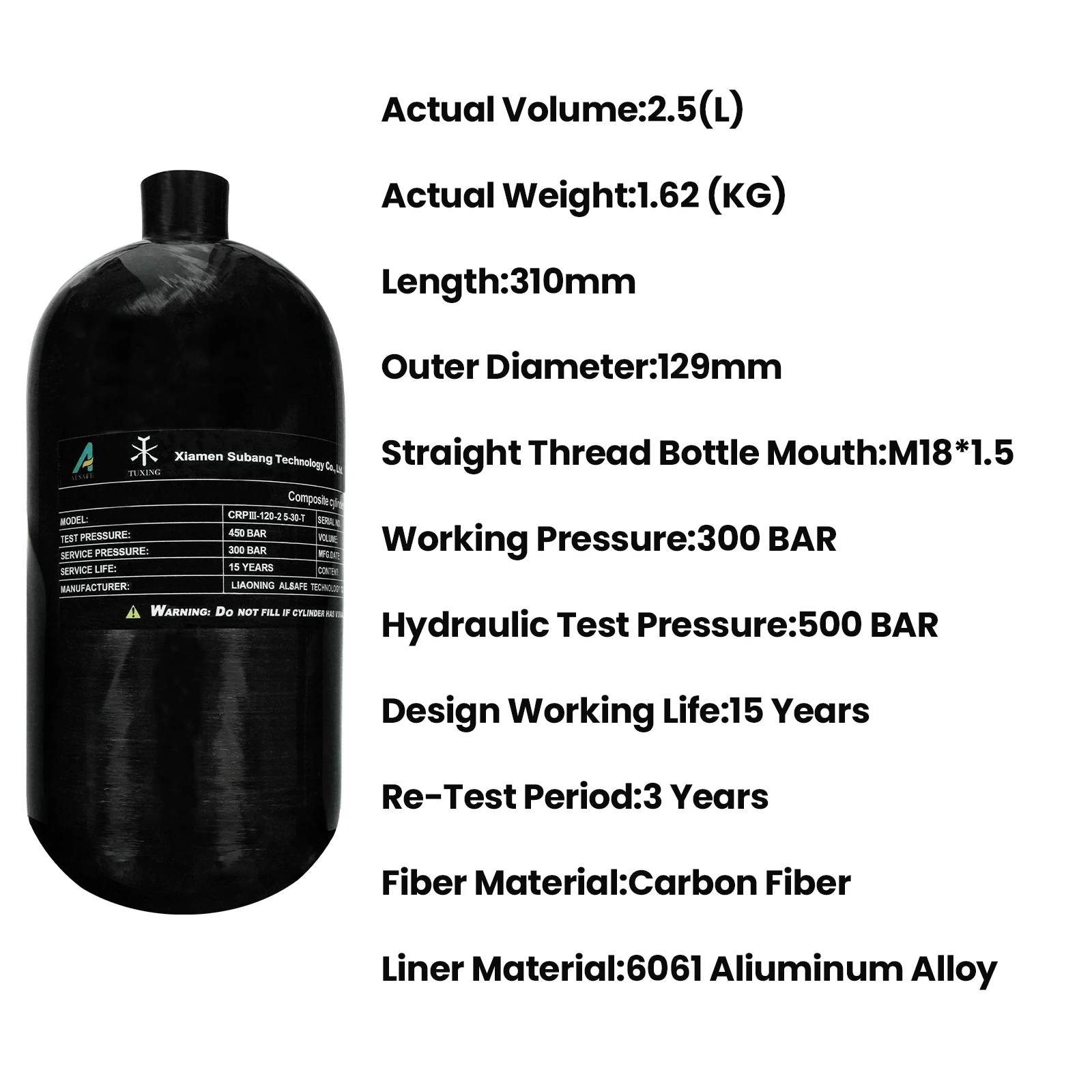 GP OEM High Temperature Resistance 2.5L High Pressure 300bar 30mpa 4500psi Paintball Game Carbon Fiber Air Tank Gas Cylinder