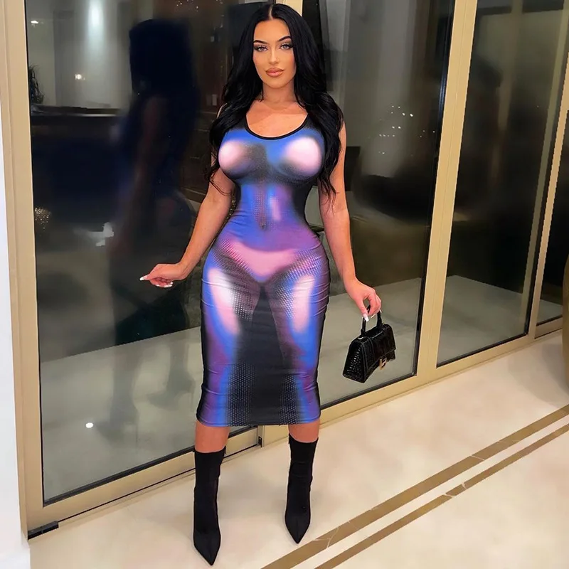 2022 New Trendy Women Clothing New Years Outfit Women Sleeveless Bodycon Street Wear Wrap Spicy Printing Fashion Dressing