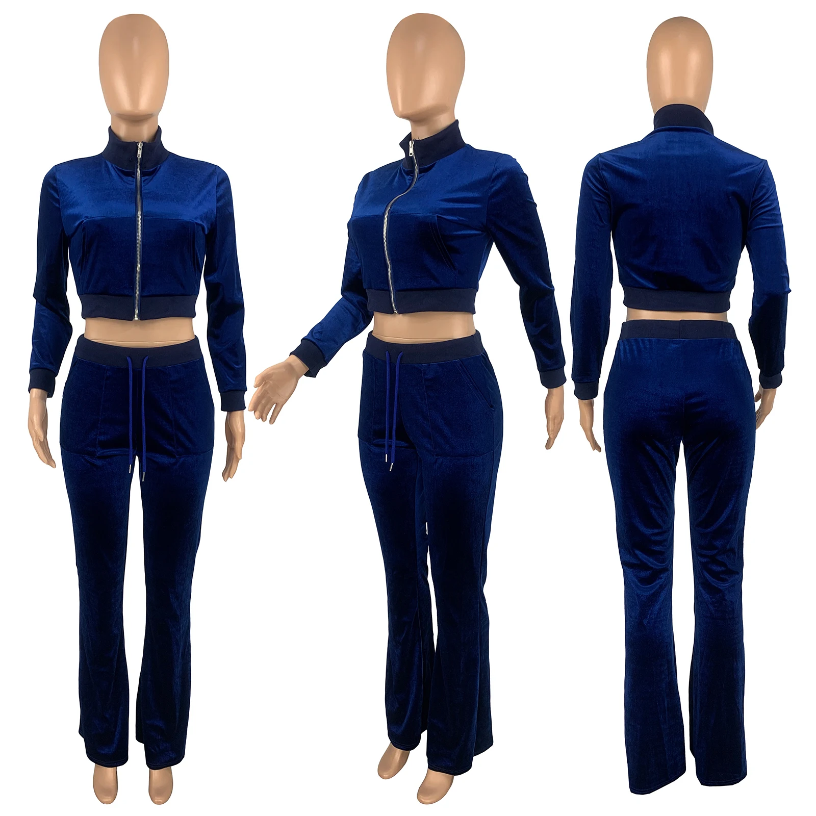  Fall Sweatsuit Women Velvet Outfits Autumn Crop Top Sweat Wide Leg Pants Sets Two Pieces Velour Tracksuits