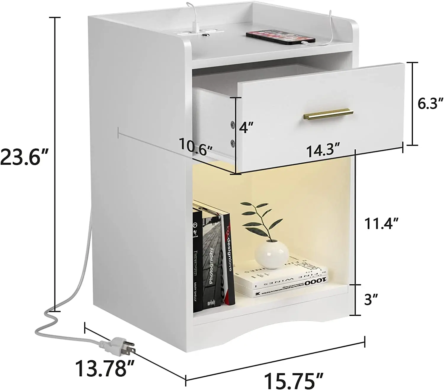 Led Nightstand with Charging Station Two Usb Ports and Outlets Bedside Table Home Furniture Package Bedroom Furniture White