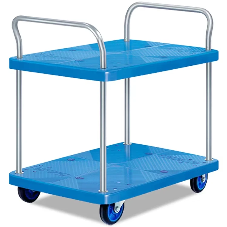 Silent Double-layer Double-handed Trolley 150/200/300KG  Warehouse Handling Flatbed Truck Four-wheel Trailer Trolley