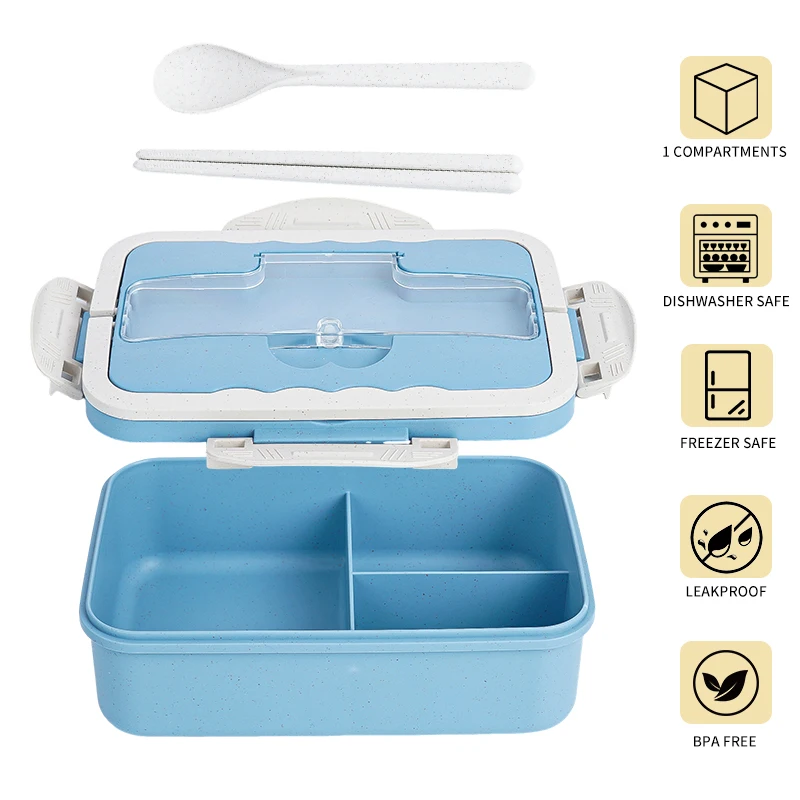 GEMEI Eco-Friendly Portable Bento Box Dishwasher Safe Plastic Wheat Straw Lunch Box with free fork spoon cutlery