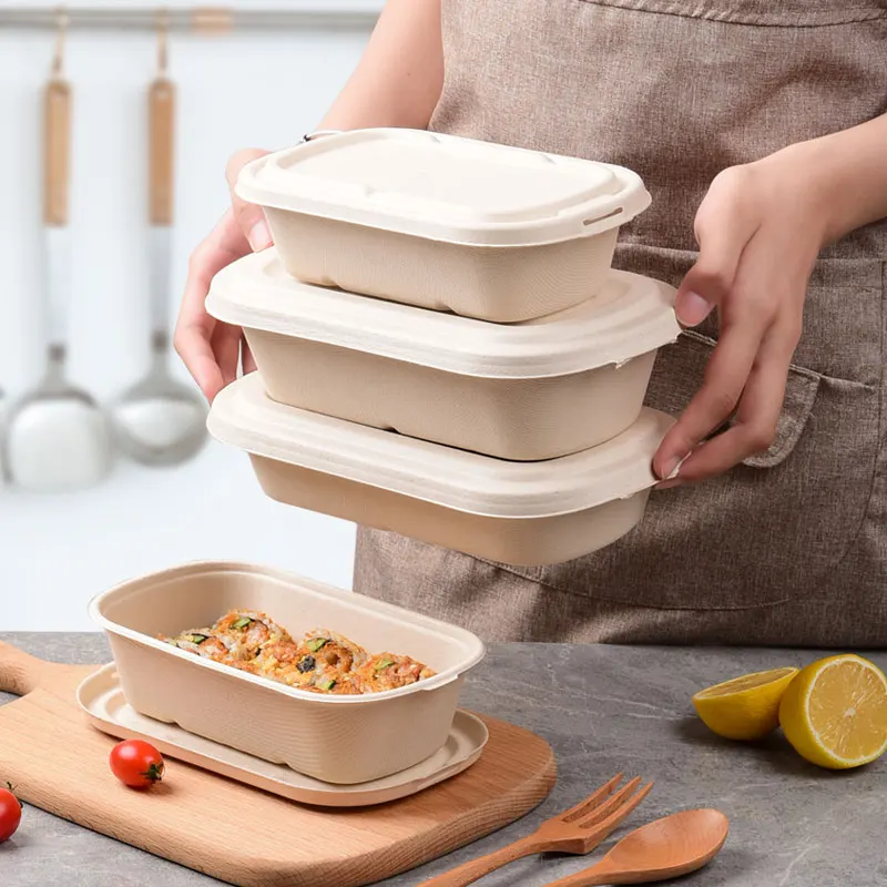 N700 Bagasse Fiber single paper bowl takeout boxes bamboo pulp 700ml Rectangular Paper Food bowl container