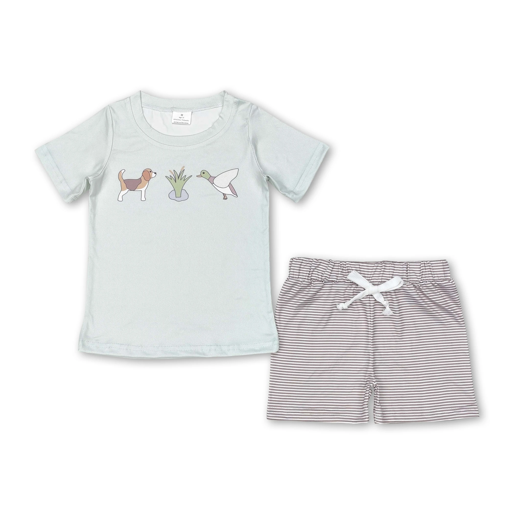 Dog duck grass print light green short sleeves shirt match brown and white stripes shorts set bulk boys boutique clothes