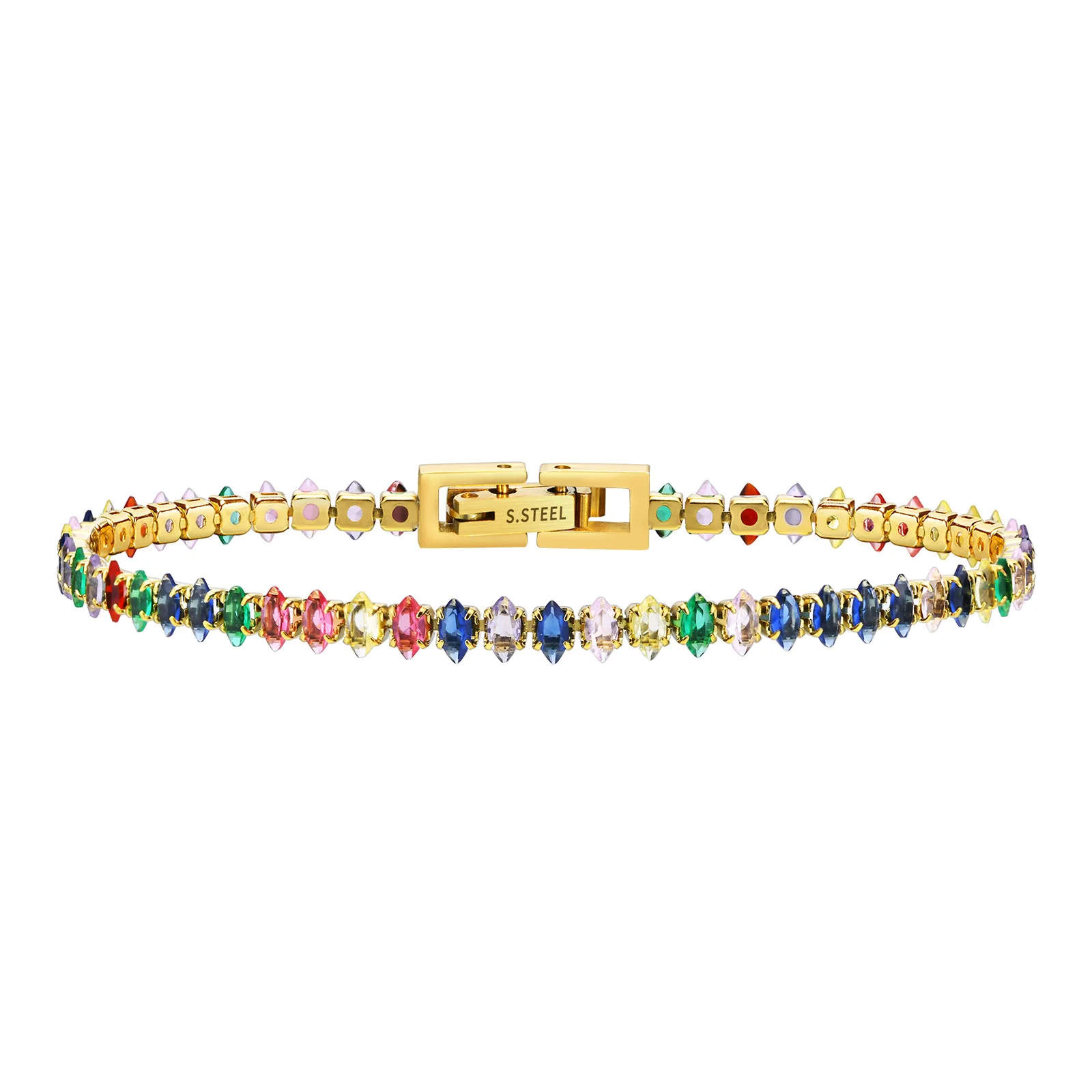 Colorful Rainbow Beaded Tennis Bracelet Gold Plating Pink White Zircon Horse Eyes Bracelet