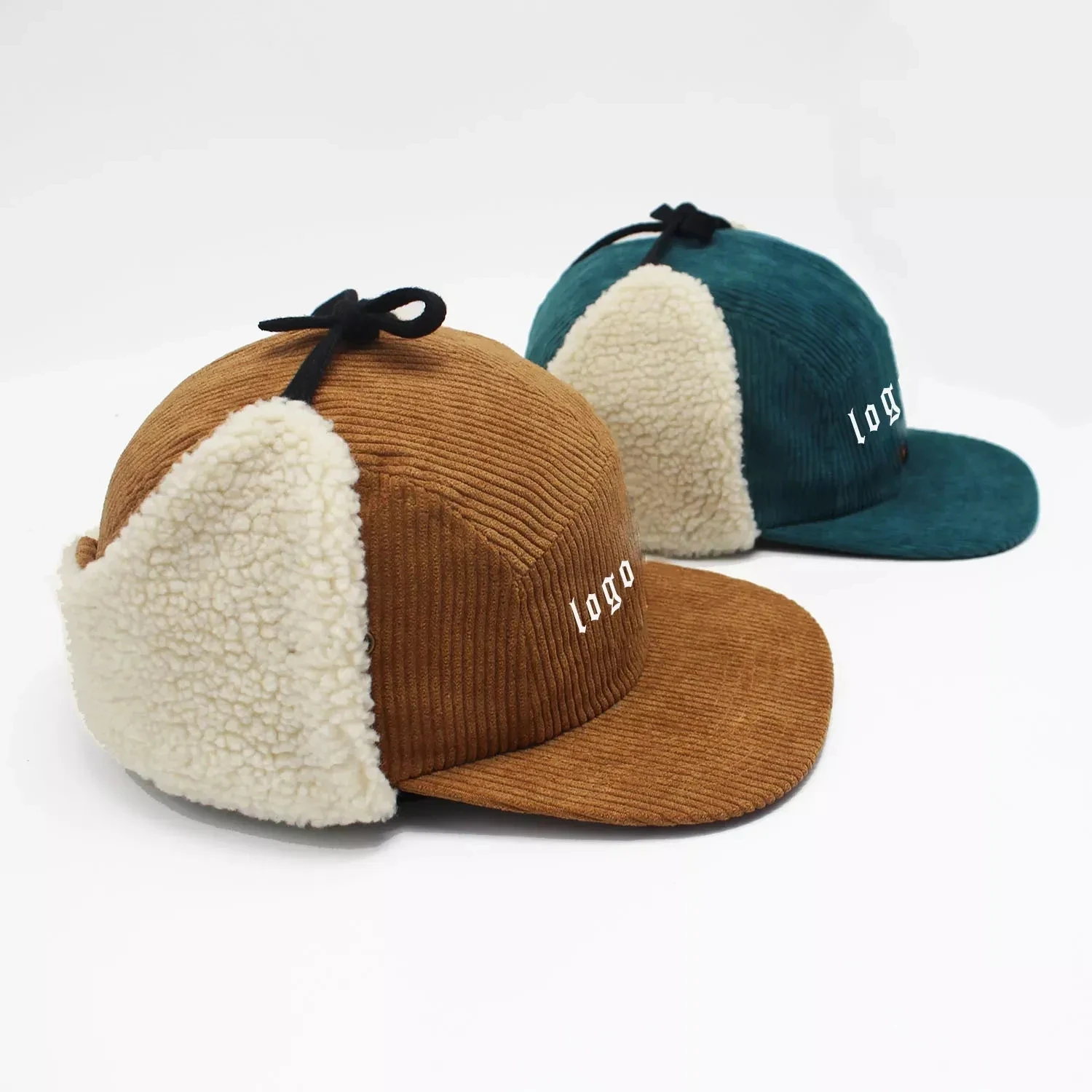 Custom Embroidery Corduroy Lamb Earflap  Winter Hats and Camping Hats Flat Brim Snapback Hat Wholesale