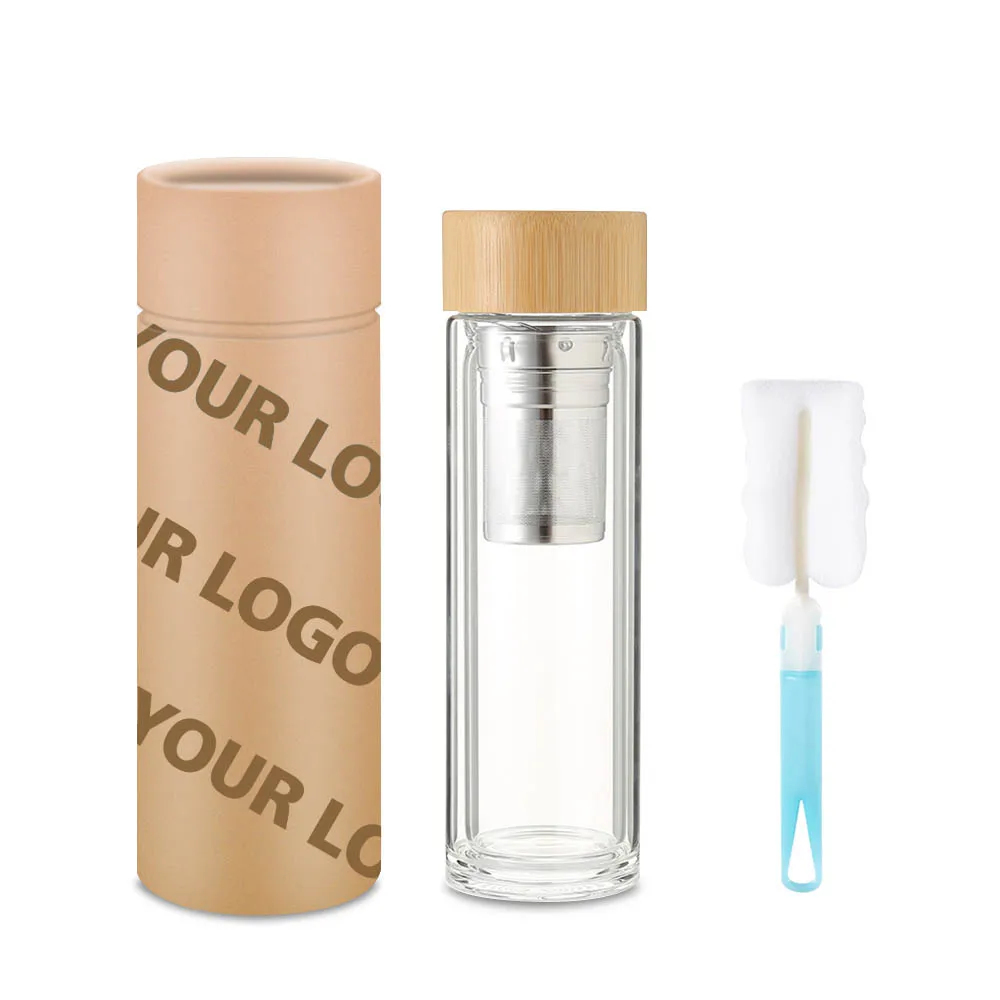Eco bamboo lid private label insulated double wall glass water bottle with stainless steel tea infuser