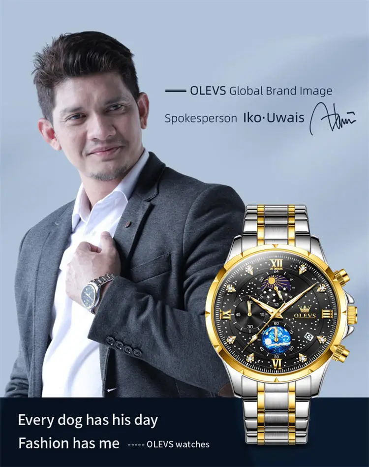 OLEVS 9807 special custom brand  gents quartz watch original Stainless steel band Luminous Chrono stars sun Casual hand watch