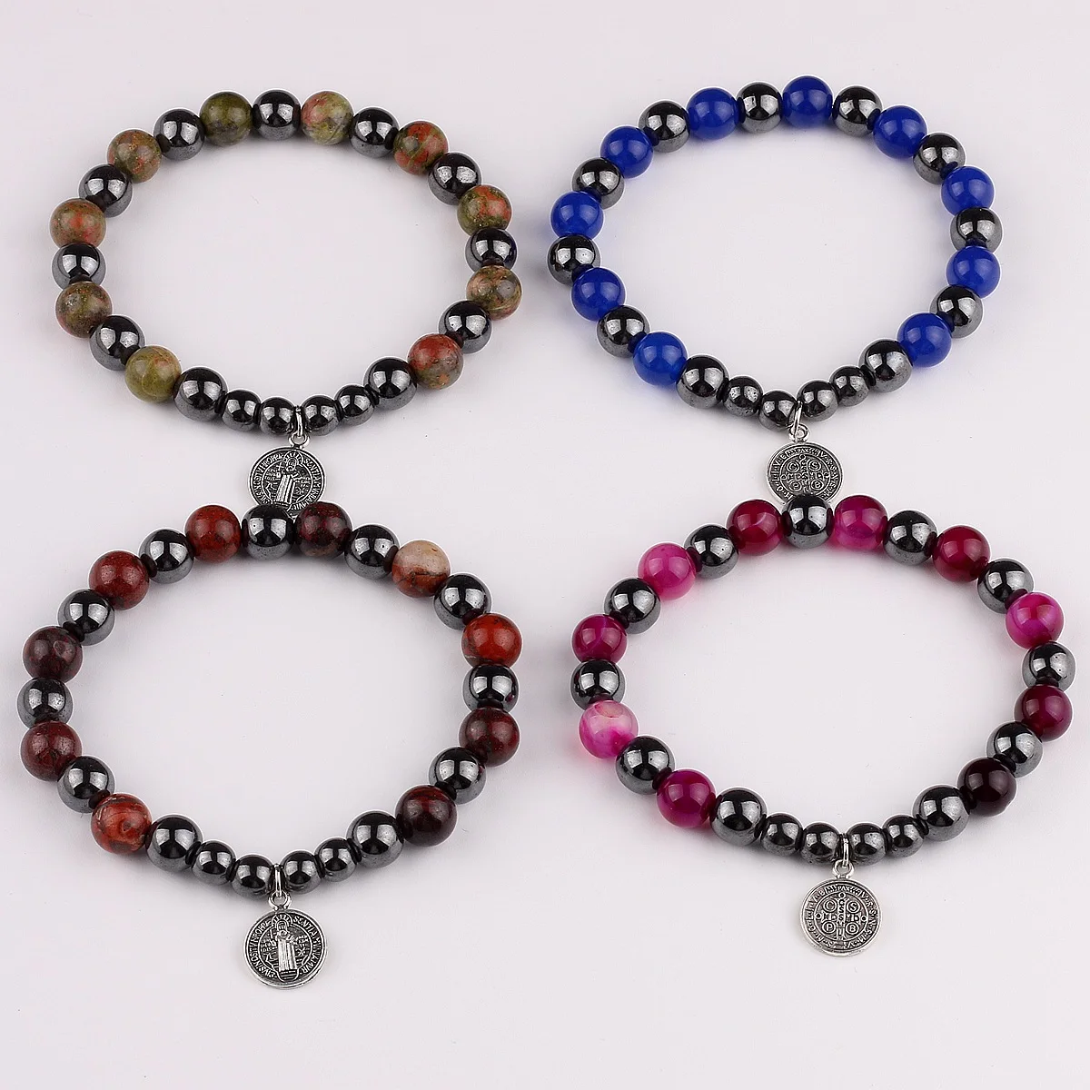 8mm Hematite Beads Catholic Saint Benedict Bracelet with Different Gemstone Beads