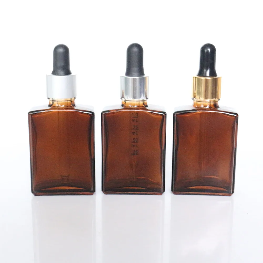30ml Amber Rectangle Dropper Glass Bottle For Essential Oil Serum Cosmetic Packaging 30ml glass bottle
