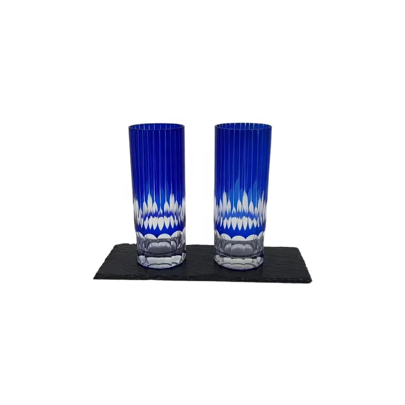 blue colored handmade 12oz vertical striped hand cutting highball beer glass