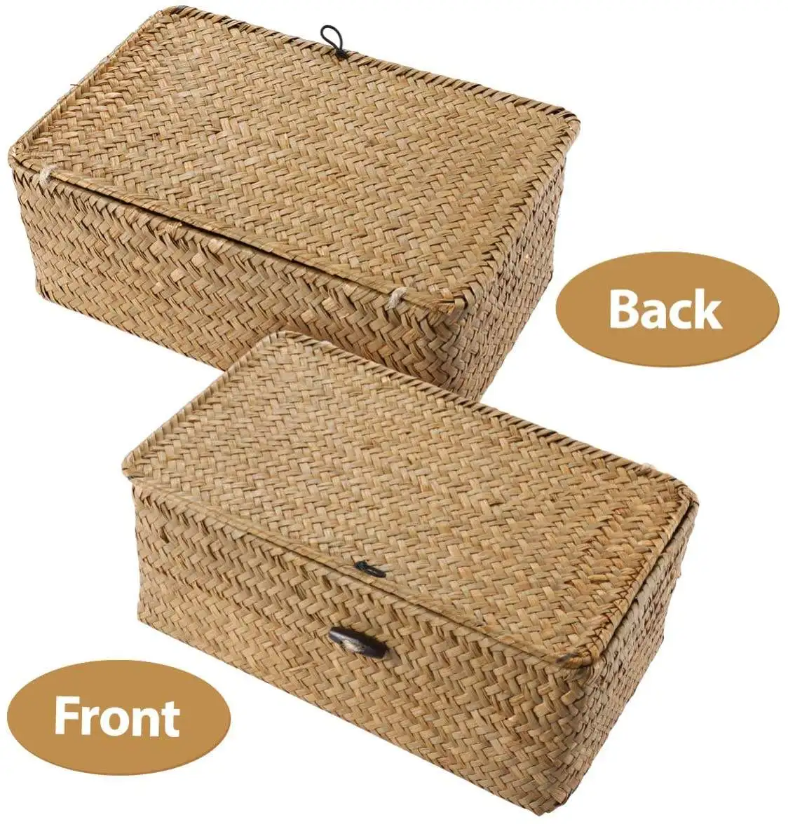 Wicker Basket Desktop Makeup Organizer Multipurpose Container Shelf Baskets with Lid Set of 3 Handwoven Seagrass Storage Box