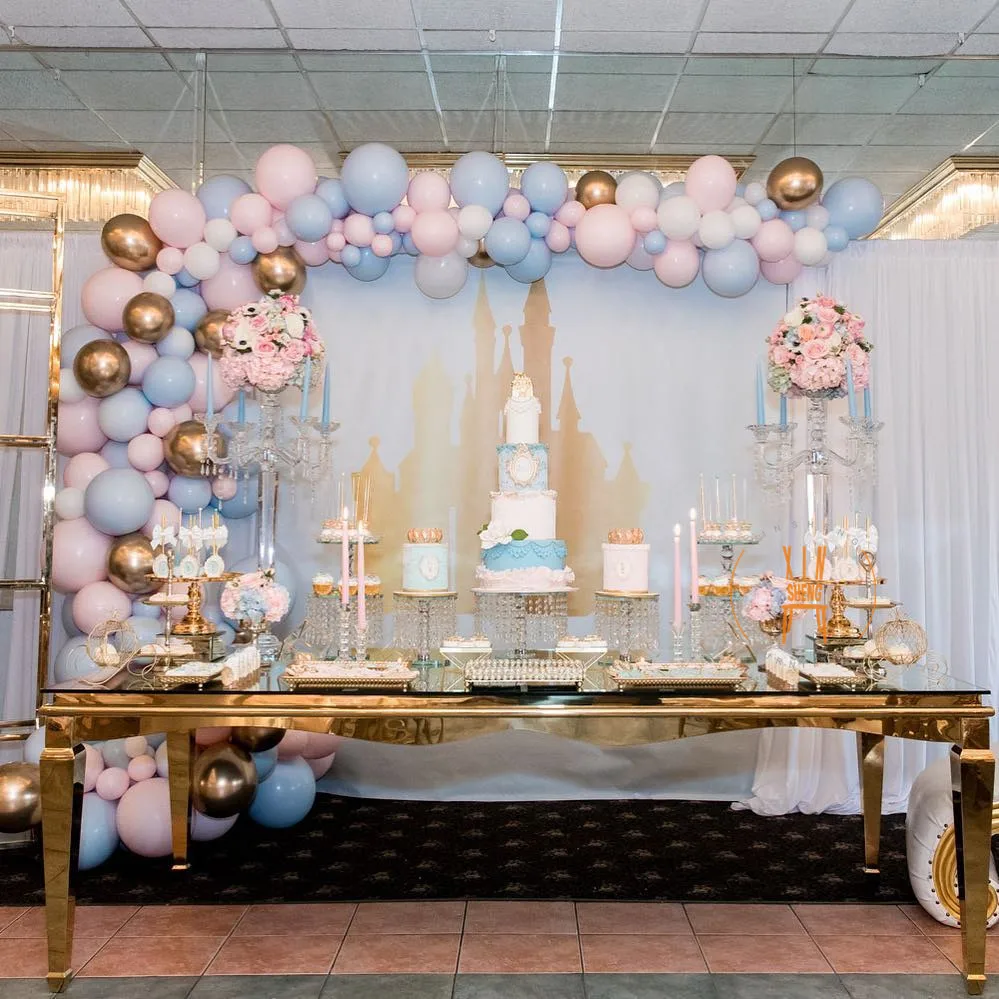 Wedding furniture stainless steel round mirror glass dining table for event