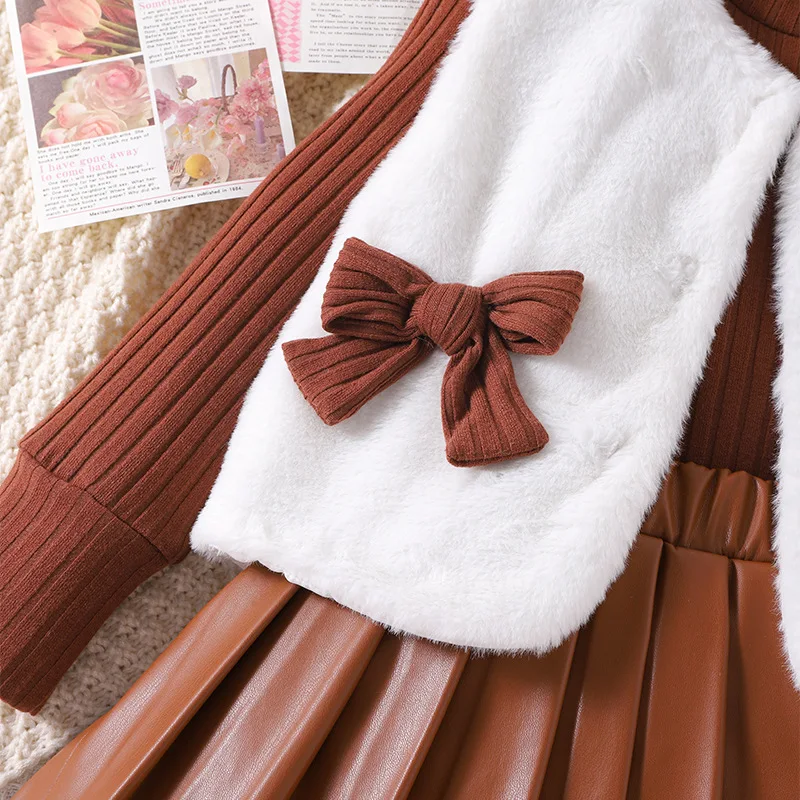 Girls casual clothing sets autumn and winter new long sleeve + sweater vest + PU leather skirt girls three-piece suit