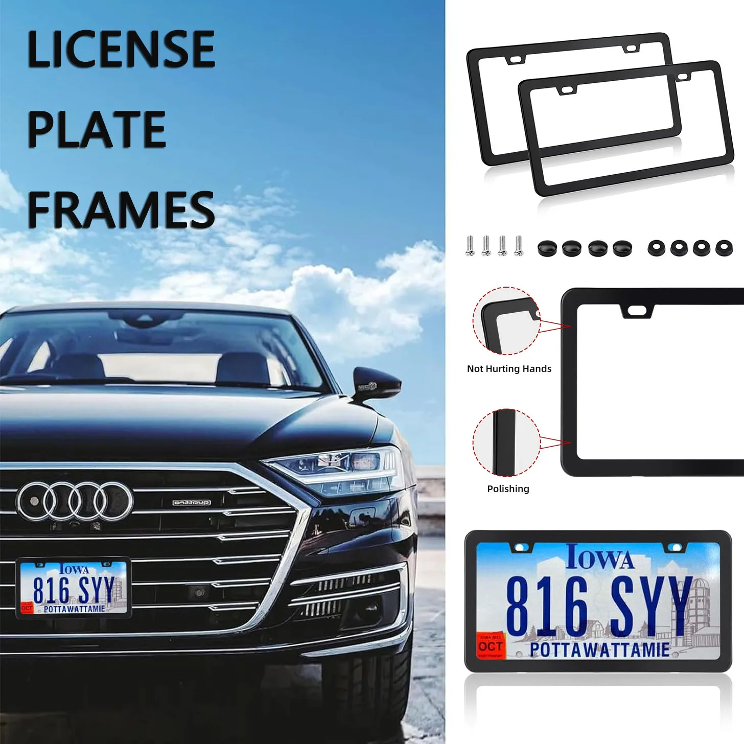 Black Matte License Plate Frames,Aluminum License Plate Holders Fits All Standard US Plates