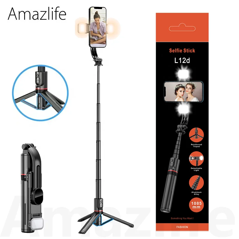 Amazlife High Quality L12d Flexible Cell Phone Tripod Stand Selfie Stick with Double Fill Light