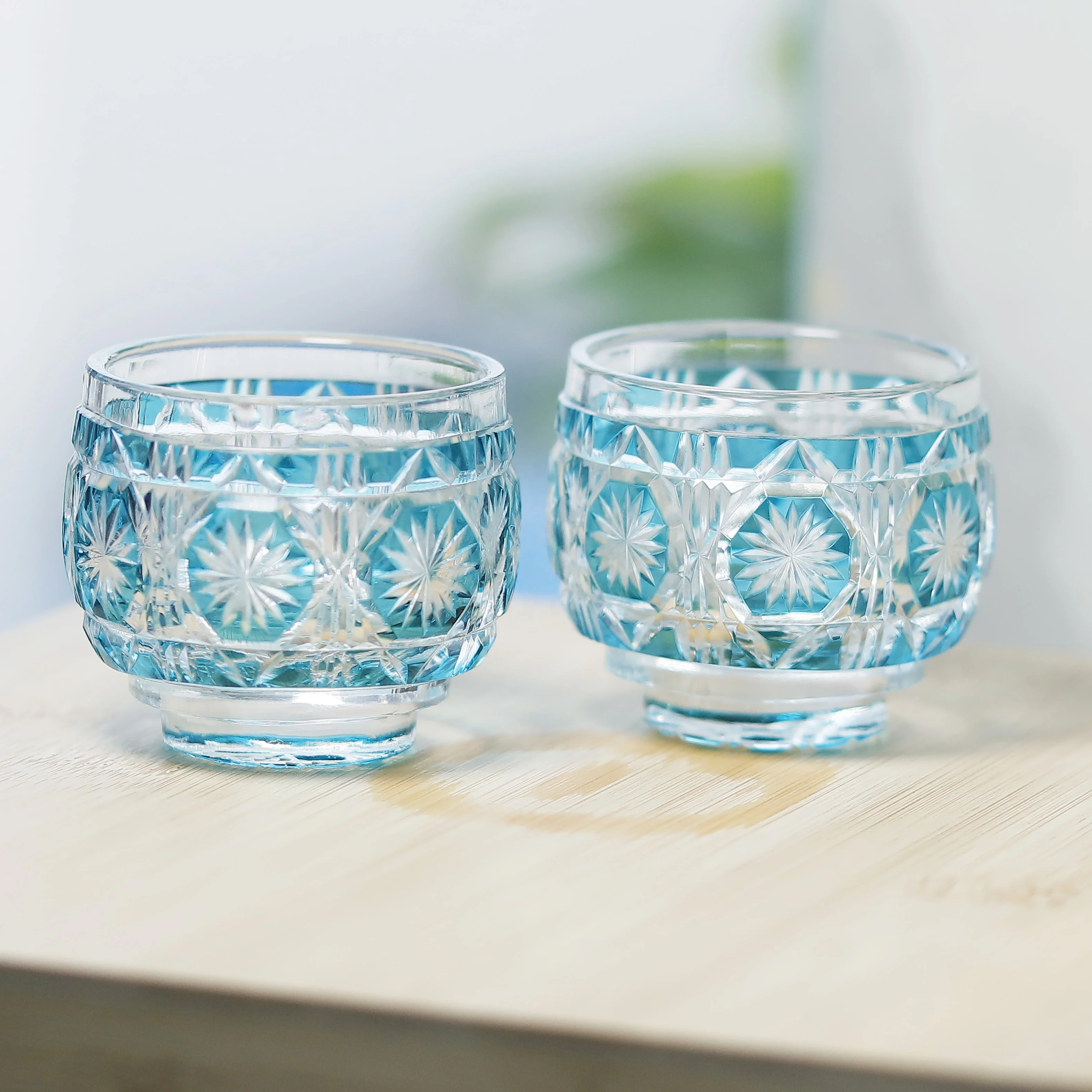 Sky Blue Classic Japanese Style Hand-Cut Liquor Glass Handcrafted Tea Cup Cold Wine Shot Glass for Coffee Tea & Wine Serving