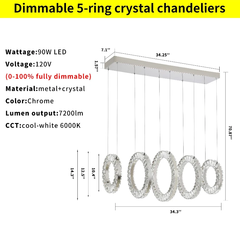 dimmable nordic modern led pendant lighting fixture 5  led rings k9 crystal chandelier luxury