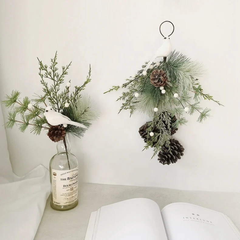 Artificial tree branch for Christmas decoration pine needle pick with artificial white bird and pine cone Christmas tree picks