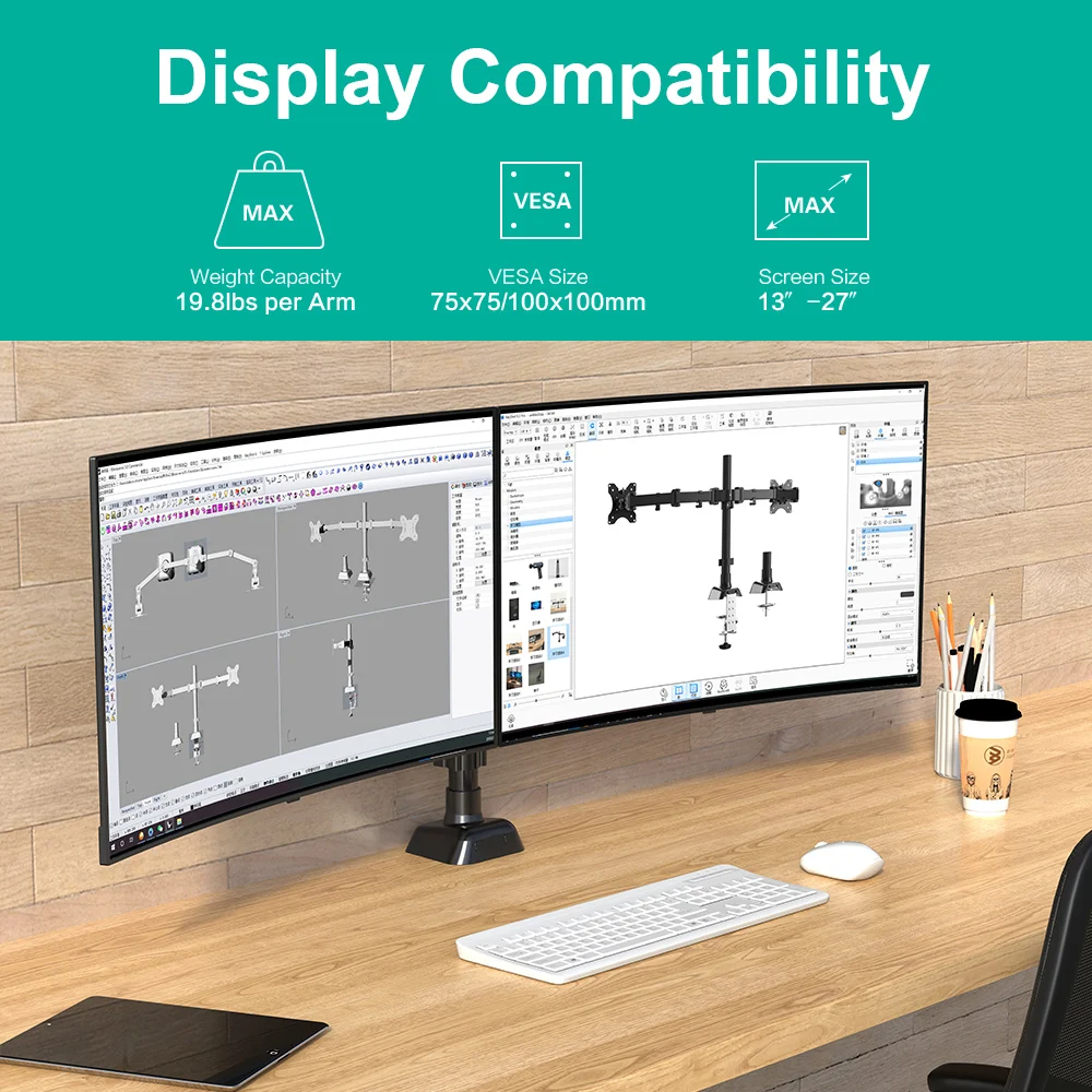 Adjustable Monitor Arm, VESA Mount with C Clamp, Grommet Mounting Base