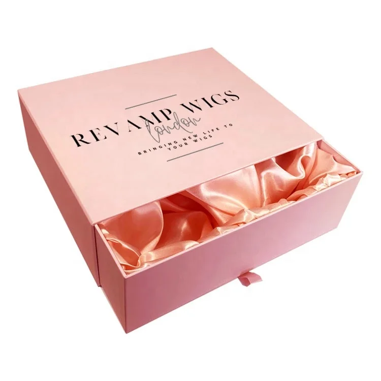 High Quality Pink Rectangle Sliding Wig Box With Satin Insert