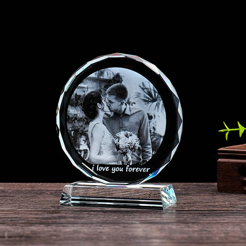 Personalized Round Crystal Photo Frame 2D Laser Engraved Glass Pictures Gifts for Wedding Anniversary Birthday