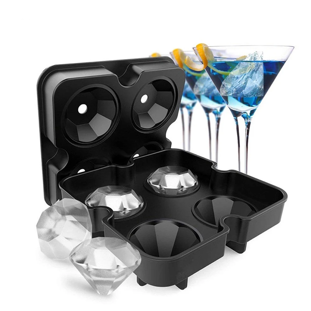 Amazon Hot Selling  Diamond Silicone Ice Cube Mold  4 Cavities Soft  Ice Cube Maker Tray with Cover