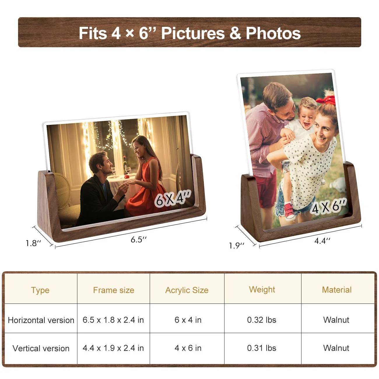 4x6 inch Photo Frames with Walnut Wood Base and High Definition Break Free Acrylic Glass Covers Rustic Wooden Picture Frame
