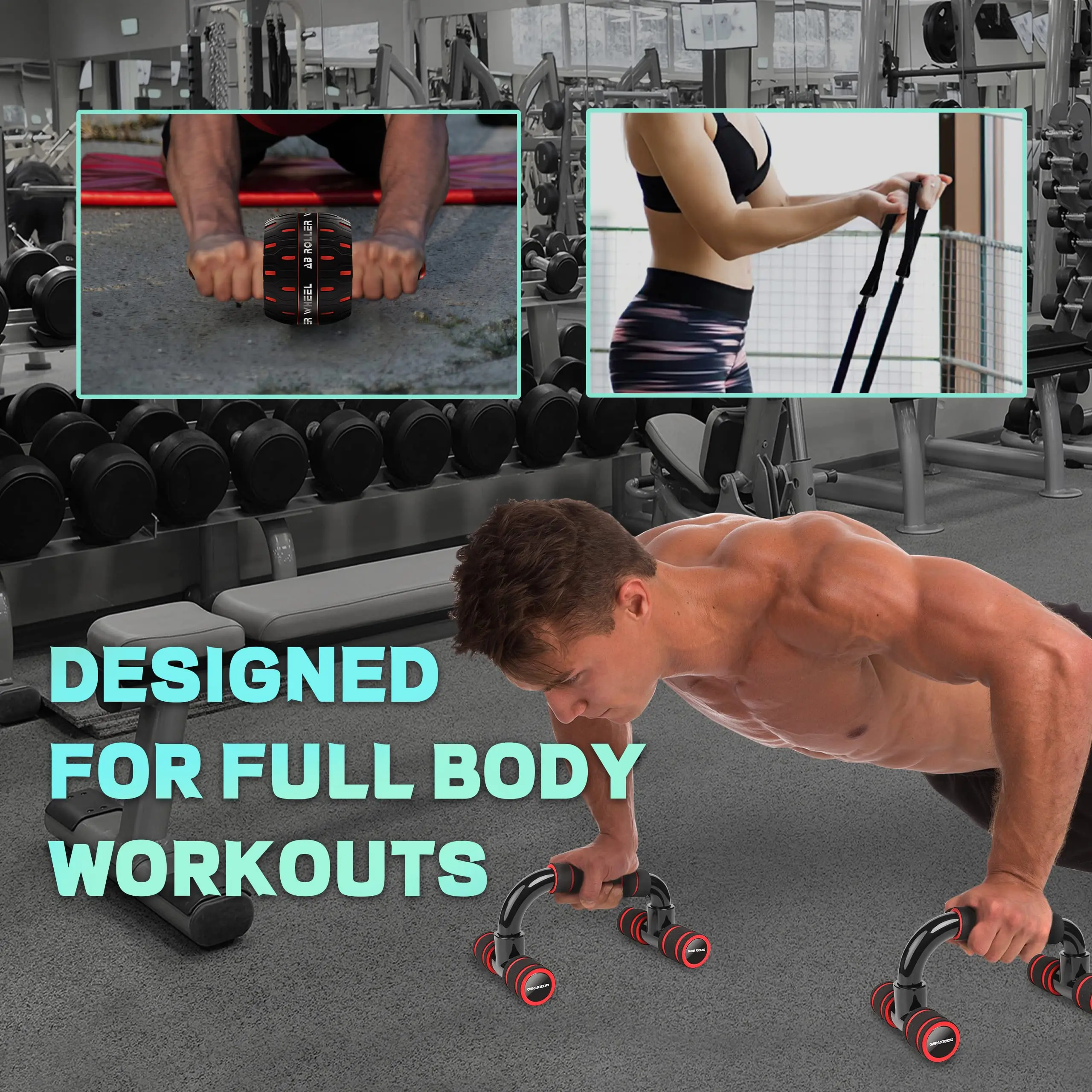 Ab Workout Equipment, Ultra Large Kit with Resistance Bands, Push Up Bar, Jump Rope