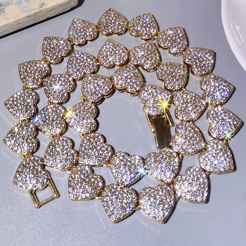 Hip Hop Luxury Full Diamond Jewelry Set Iced Out Cuban Link Chain 5A Cubic Zirconia Love Heart Tennis Necklace Bracelet Set