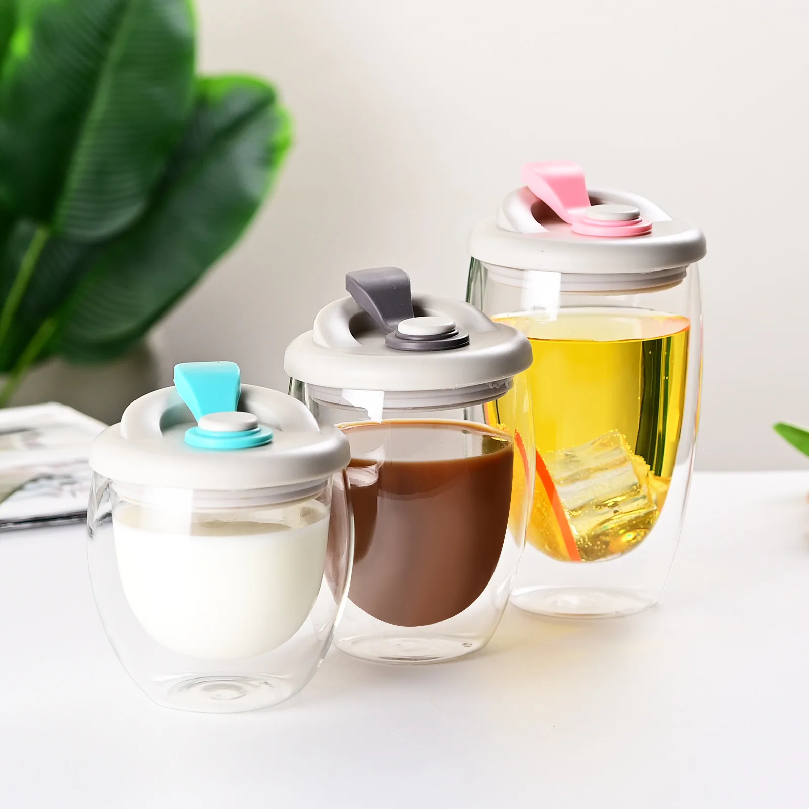 250ml 350ml 450ml Double Wall Glass Cup Heat Insulated Milk Glass Coffee Cup with Lid Juice Glass Egg Cup Tumbler