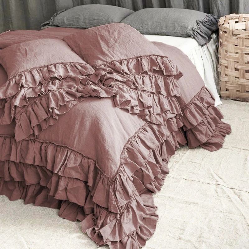 Wholesale  Pure linen bedding set Decorative Bed Sheet quilt cover with Lace Matching Bed Skirt Bedspread on Bed Case Style