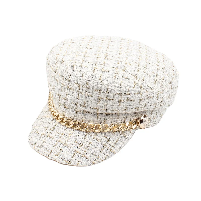 women hats Tweed plaid hats chain flat top visor vintage plaid military