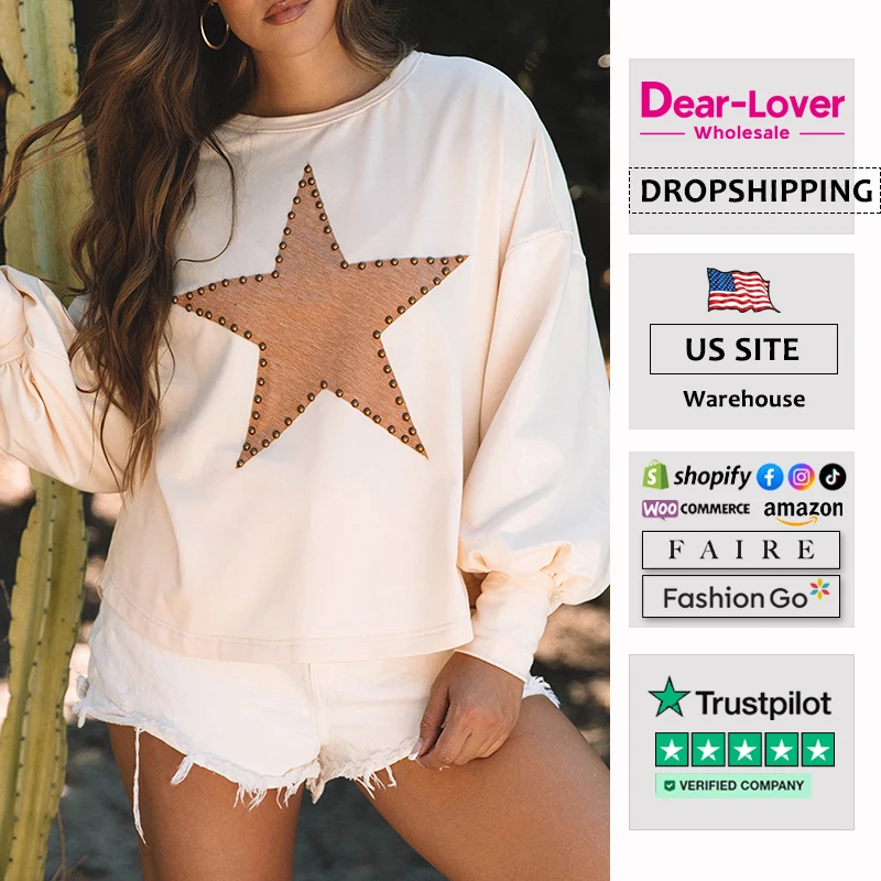 Dear-Lover Private Label OEM ODM Wholesale High Quality Women Oversized T-Shirt Tee Drop Shoulder Studded Star Graphic T Shirts