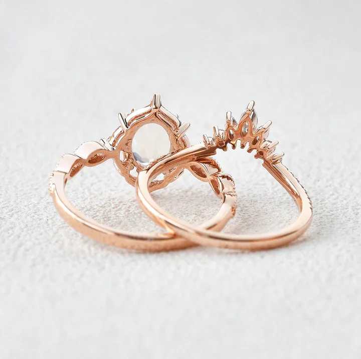 Sterling Sliver Moonstone Vintage Chevron Ring Set 2pcs Bridal Set Chevron Ring Stacking Marquise Engagement Rings