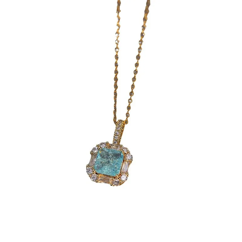 Ladies Luxury Titanium Steel Necklace Earring Set with New Design Red Blue Zircon Net Geometry Niche Stainless Steel Jewelry