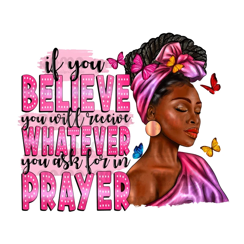 Wholesale Ready to Press Afro Woman Puff Heat Vinyl Transfer Iron on Bun Faith Religion Prayer Christian DTF Transfers