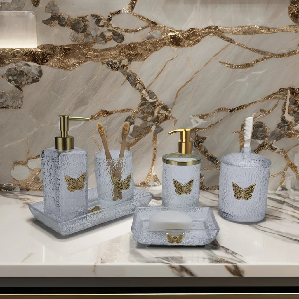 High Quality Luxury Glass Bathroom Accessories Set Eco-Friendly Metal Zinc Hot Sale for Home & Hotel Decor Boxed Toilet Cup