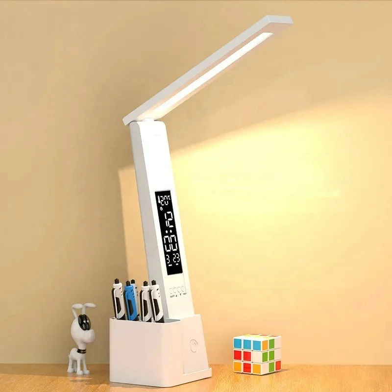 Cheap Dual Pen Holder LED Table Lamp 3 Colors Dimming Modes Touch Night Light Temperature Time Date Display Folding Desk Lamp