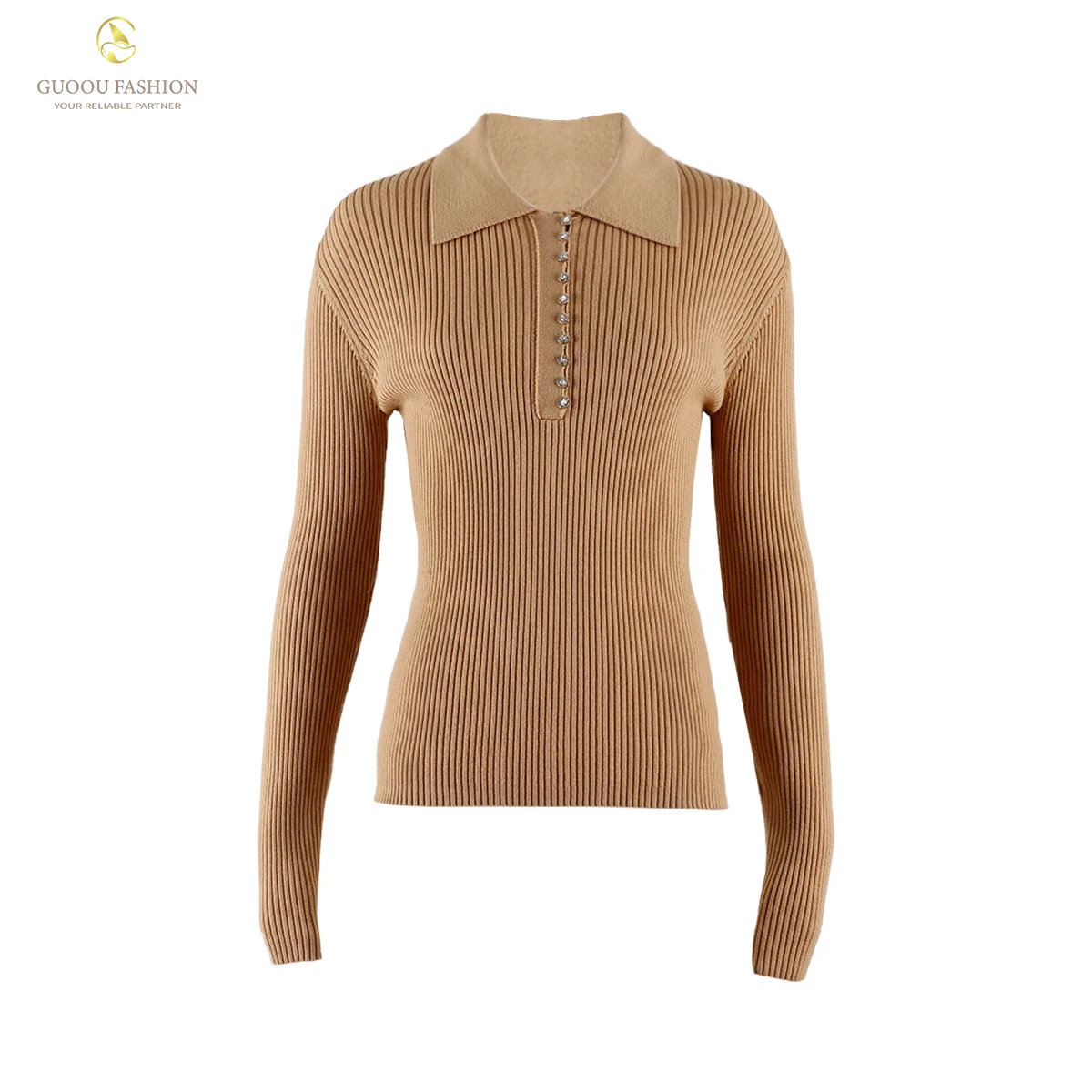 New Custom Knit Sweater Ribbed Long Sleeve Knit Top Button Polo Collar 100% Wool Sweater Knit Pullover