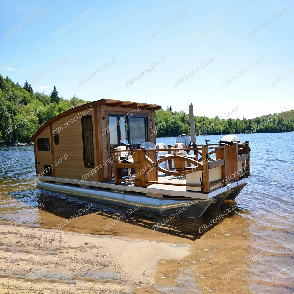 Allhouse New Design 8.2m House Boat Luxury Aluminum Pontoon Houseboat With Motor and Trailer For Sale