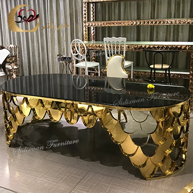 Glass top fish scale table legs gold dinner dining table set 6 chairs