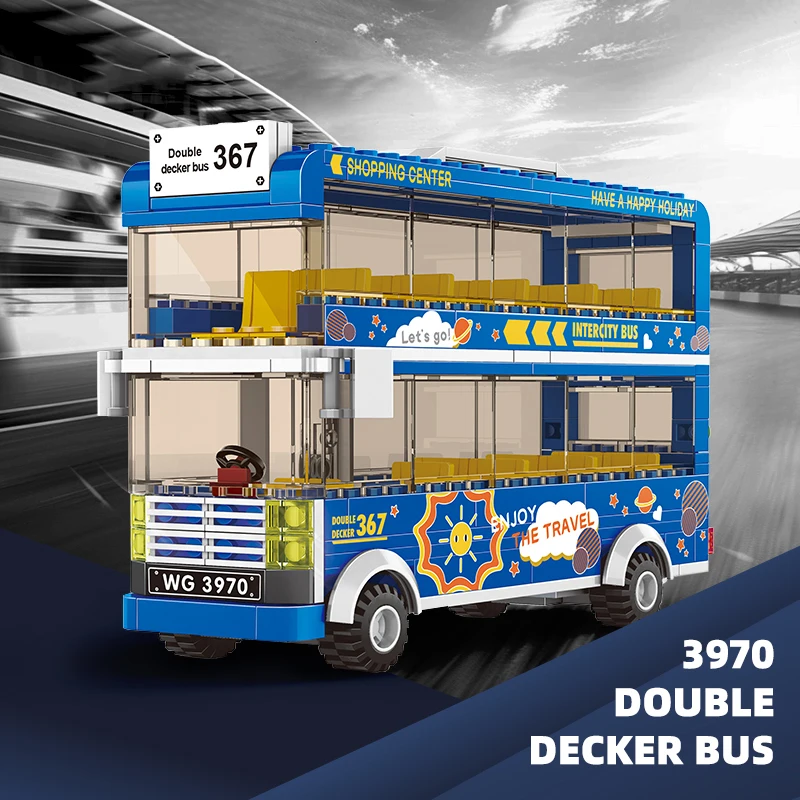 3970 City Street Highway Scene Double-Decker Bus School Bus MOC Block Model Kids Unisex Assembly Building Block Plastic Toys