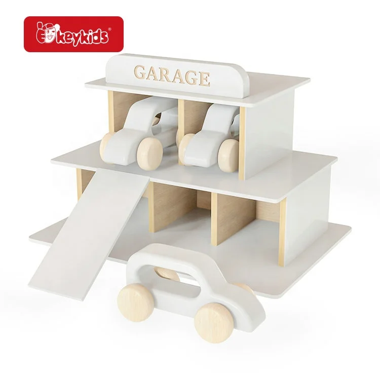 New design white wooden parking garage toy set with cars for kids ages 3 and up W04B124