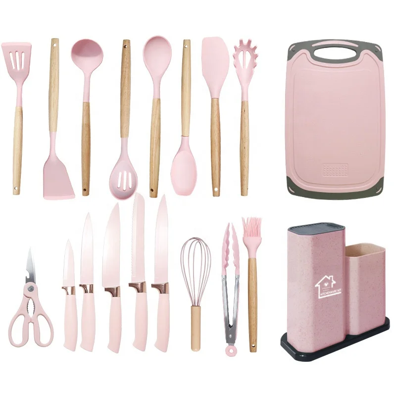 Wholesale 19 Pieces Set Silicone Kitchen Accessories Spatula Kitchen Utensils With Wooden Handle Kitchen Cooking Tools Set