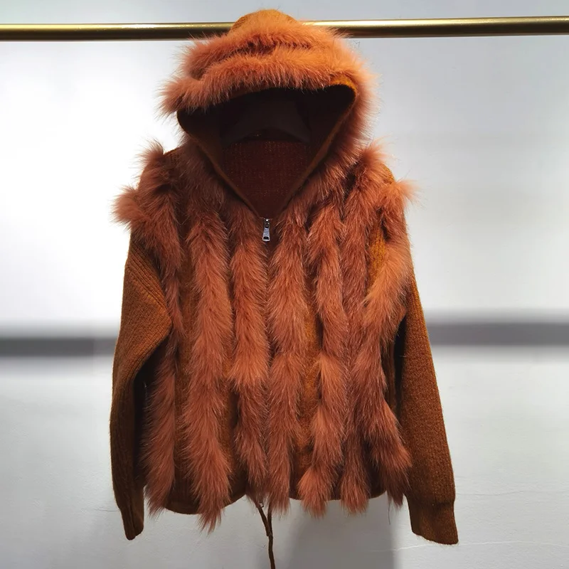 Women Autumn Real Fox Fur Trim Knitted Hooded Cardigans Female Long Sleeve Loose Sweater With Hood Plus Size Open Stitch