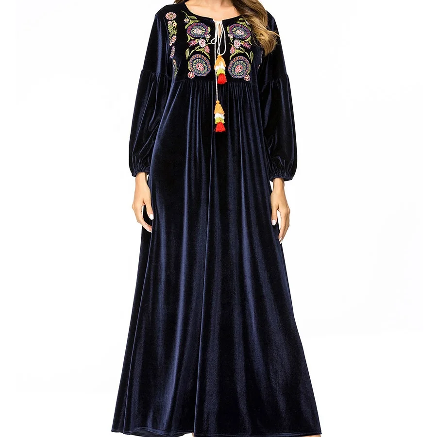 BILLIONS Wholesale Floral Embroidery Velvet Casual Maxi Dresses Modern Party Turkish Muslim Dress For Women