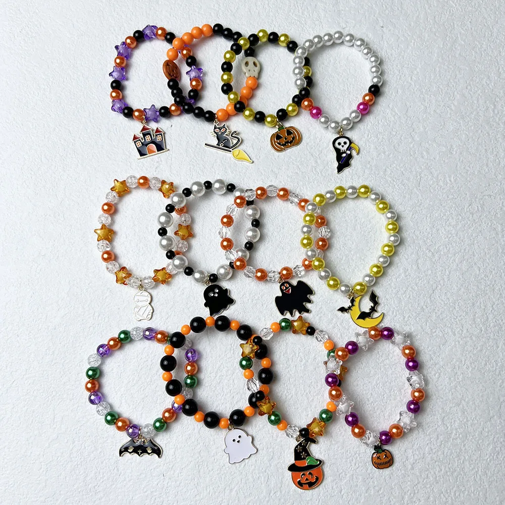 Halloween Bracelet Pumpkin Ghost Bat Pendant Bracelet Skull Spider Beaded Decoration Party Fashion Jewelry Accessories Gift