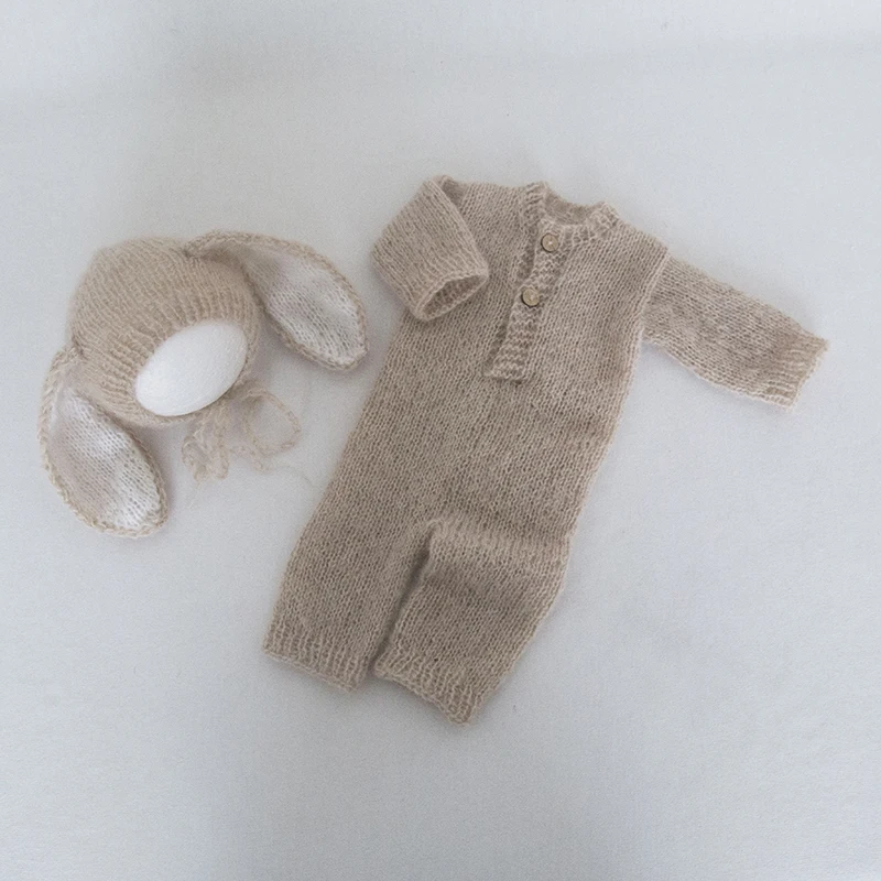 Knit mohair footed sets Newborn bonnet photography props Newborn mohair romper Crochet baby hat and hooded romper