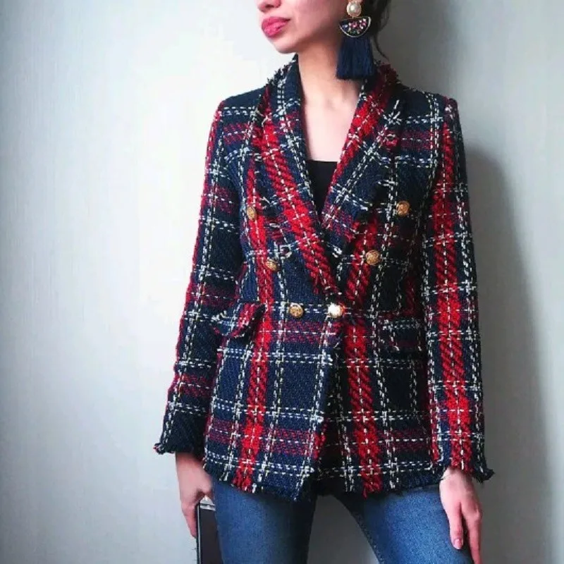 Fashion Za Vintage Women Patchwork Plaid Tweed Jacket Double Breasted Pocket Long Sleeve Female Coat Casaco Femme Blazerfenimino